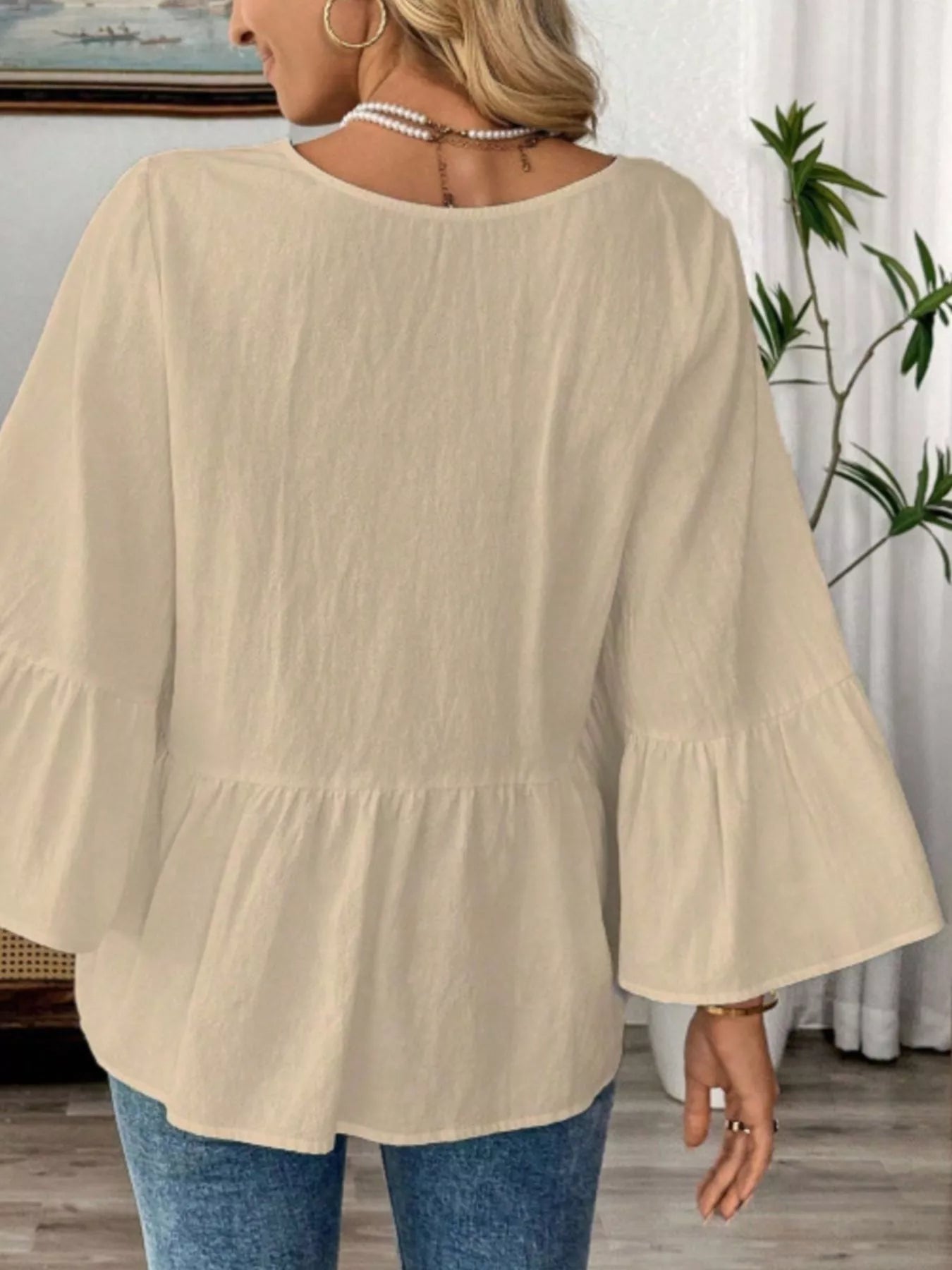 Women's 100% Cotton V - Neck Bell Sleeve Blouse - Effortless Chic Style - Plush Fashion Hub