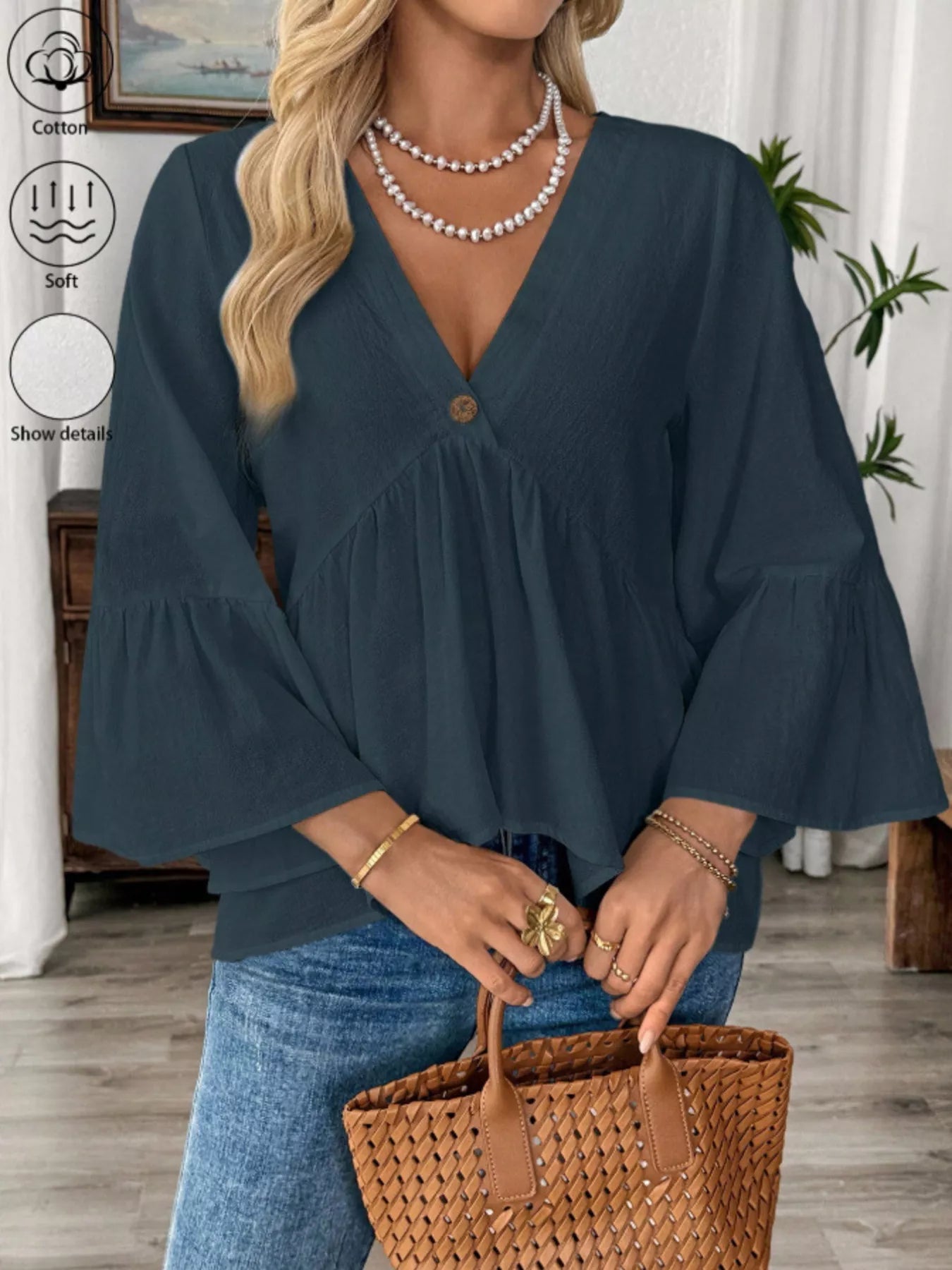 Women's 100% Cotton V - Neck Bell Sleeve Blouse - Effortless Chic Style - Plush Fashion Hub