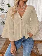 Women's 100% Cotton V - Neck Bell Sleeve Blouse - Effortless Chic Style - Plush Fashion Hub