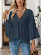 Women's 100% Cotton V - Neck Bell Sleeve Blouse - Effortless Chic Style - Plush Fashion Hub