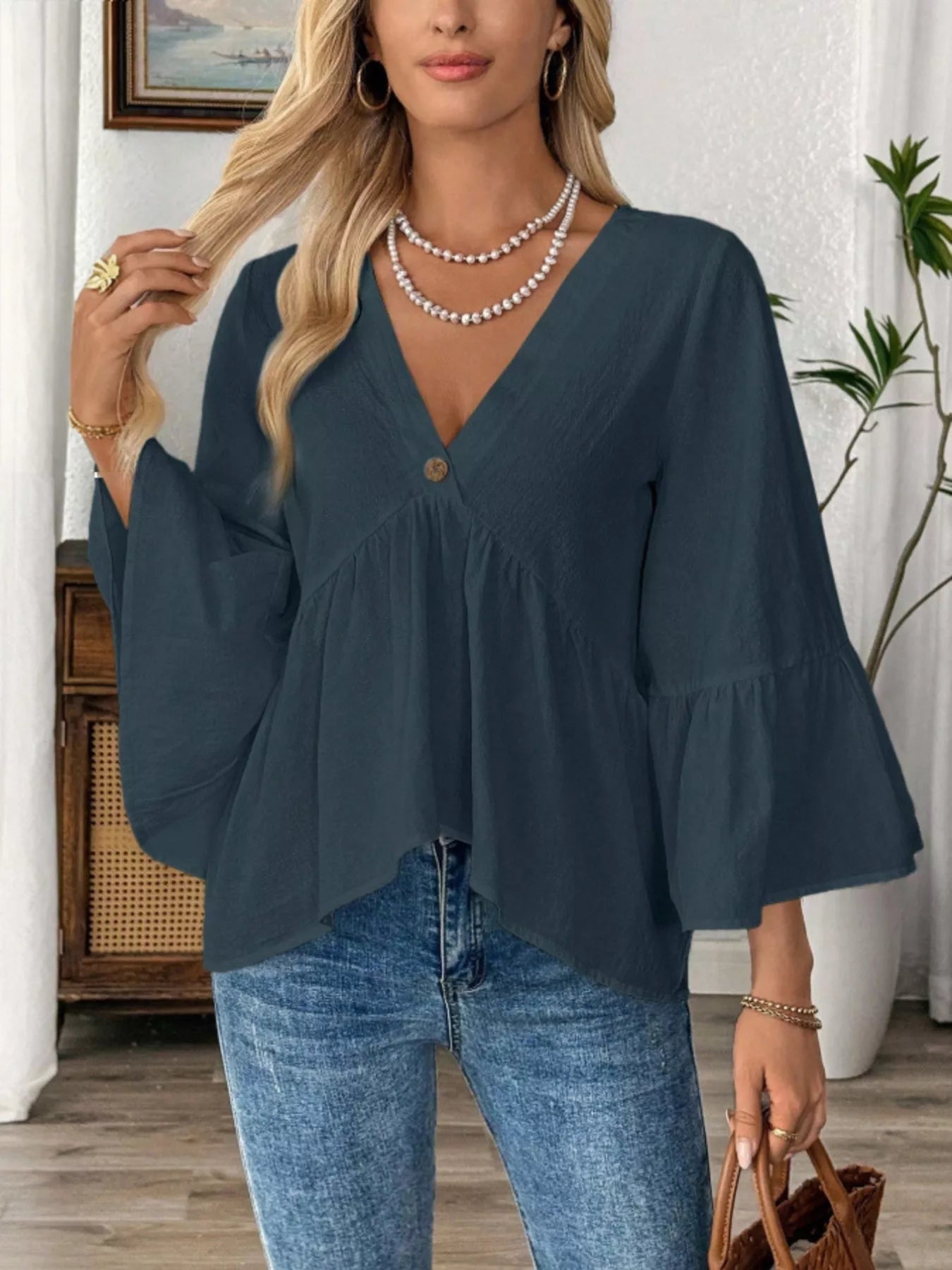 Women's 100% Cotton V - Neck Bell Sleeve Blouse - Effortless Chic Style - Plush Fashion Hub