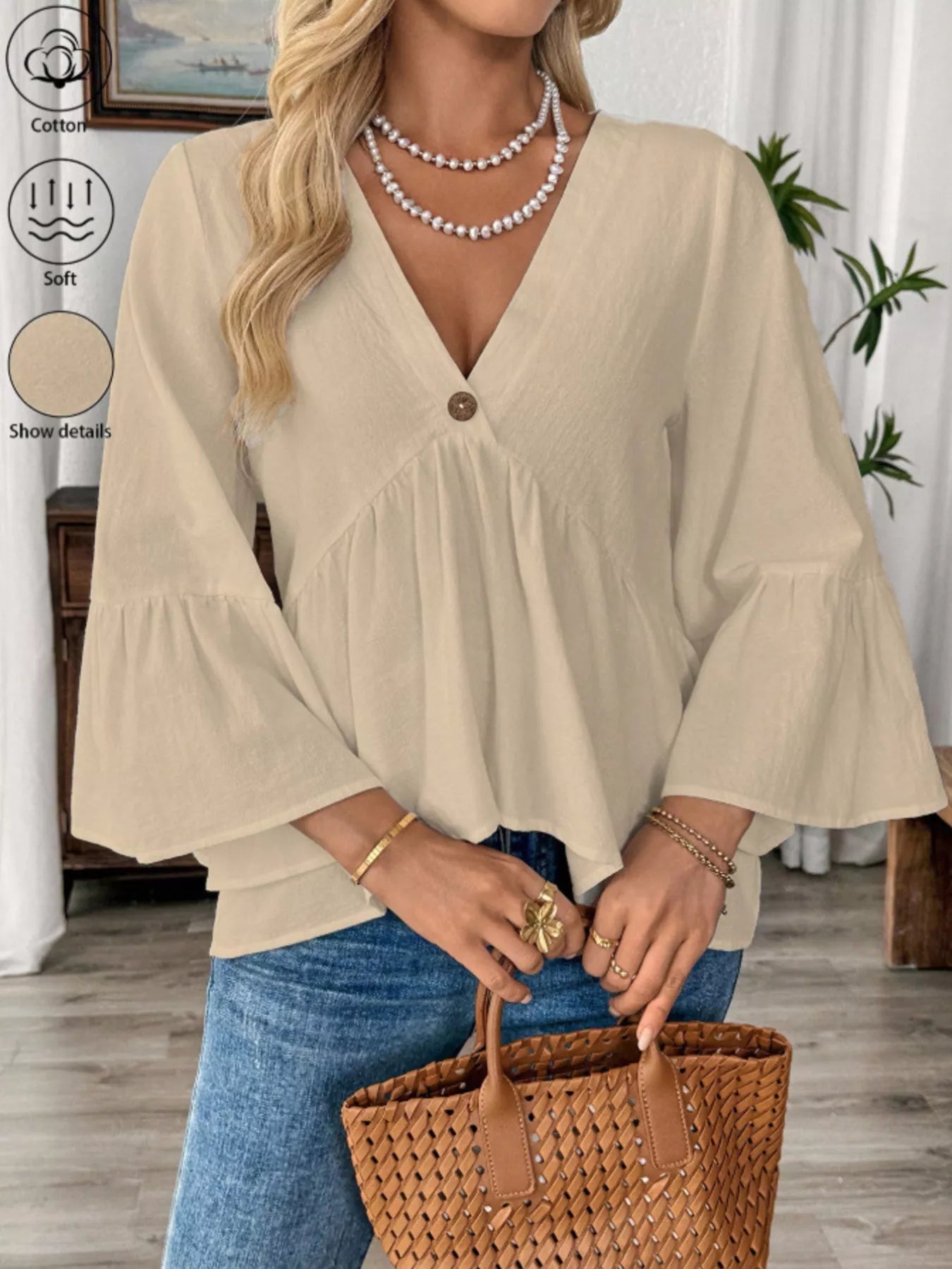 Women's 100% Cotton V - Neck Bell Sleeve Blouse - Effortless Chic Style - Plush Fashion Hub