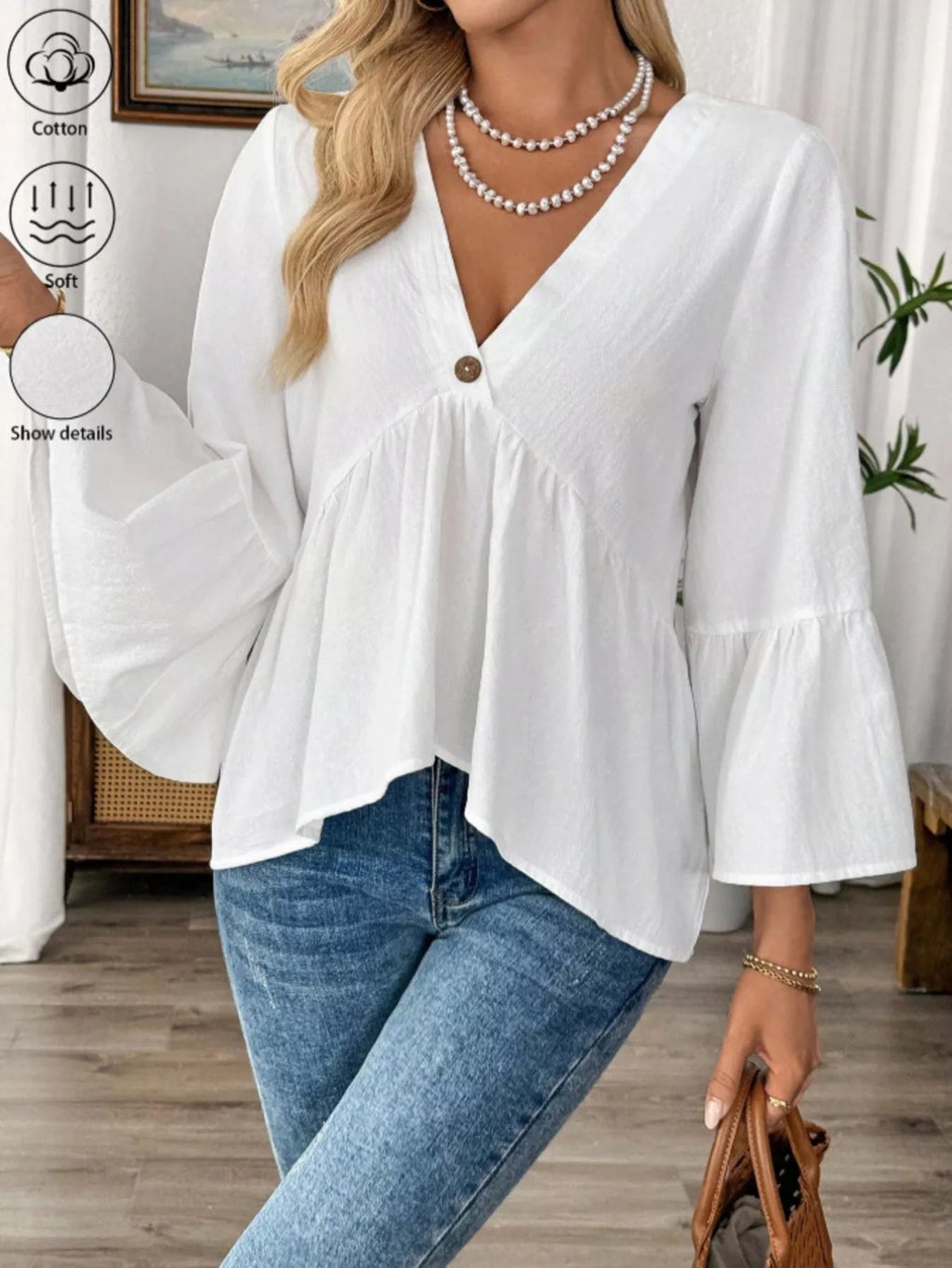 Women's 100% Cotton V - Neck Bell Sleeve Blouse - Effortless Chic Style - Plush Fashion Hub