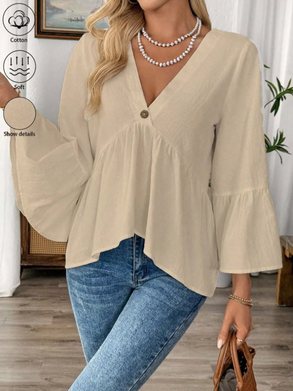 Women's 100% Cotton V - Neck Bell Sleeve Blouse - Effortless Chic Style - Plush Fashion Hub