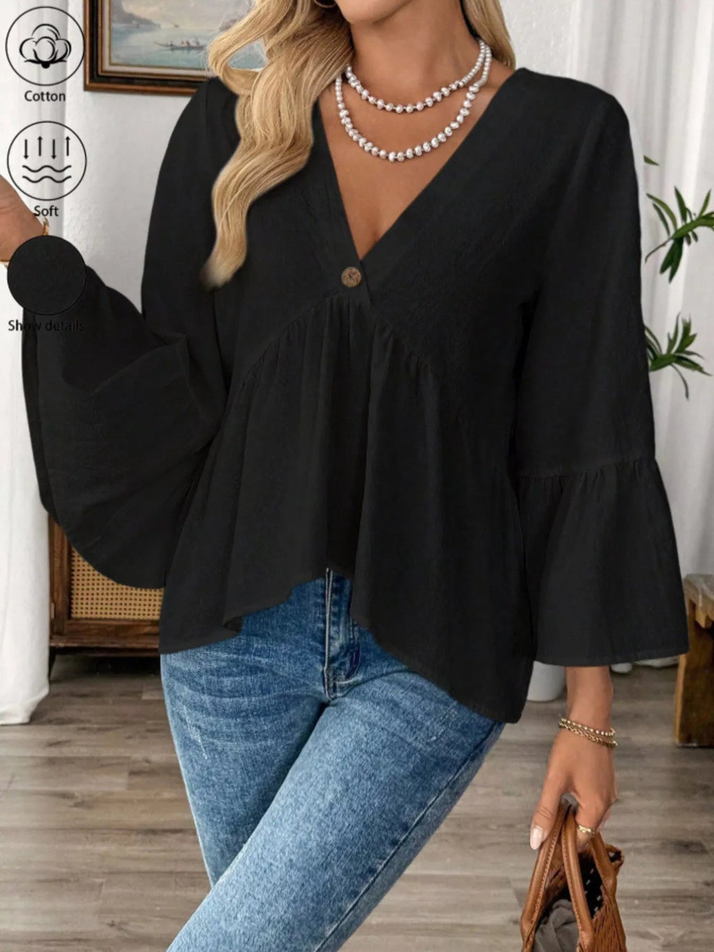 Women's 100% Cotton V - Neck Bell Sleeve Blouse - Effortless Chic Style - Plush Fashion Hub