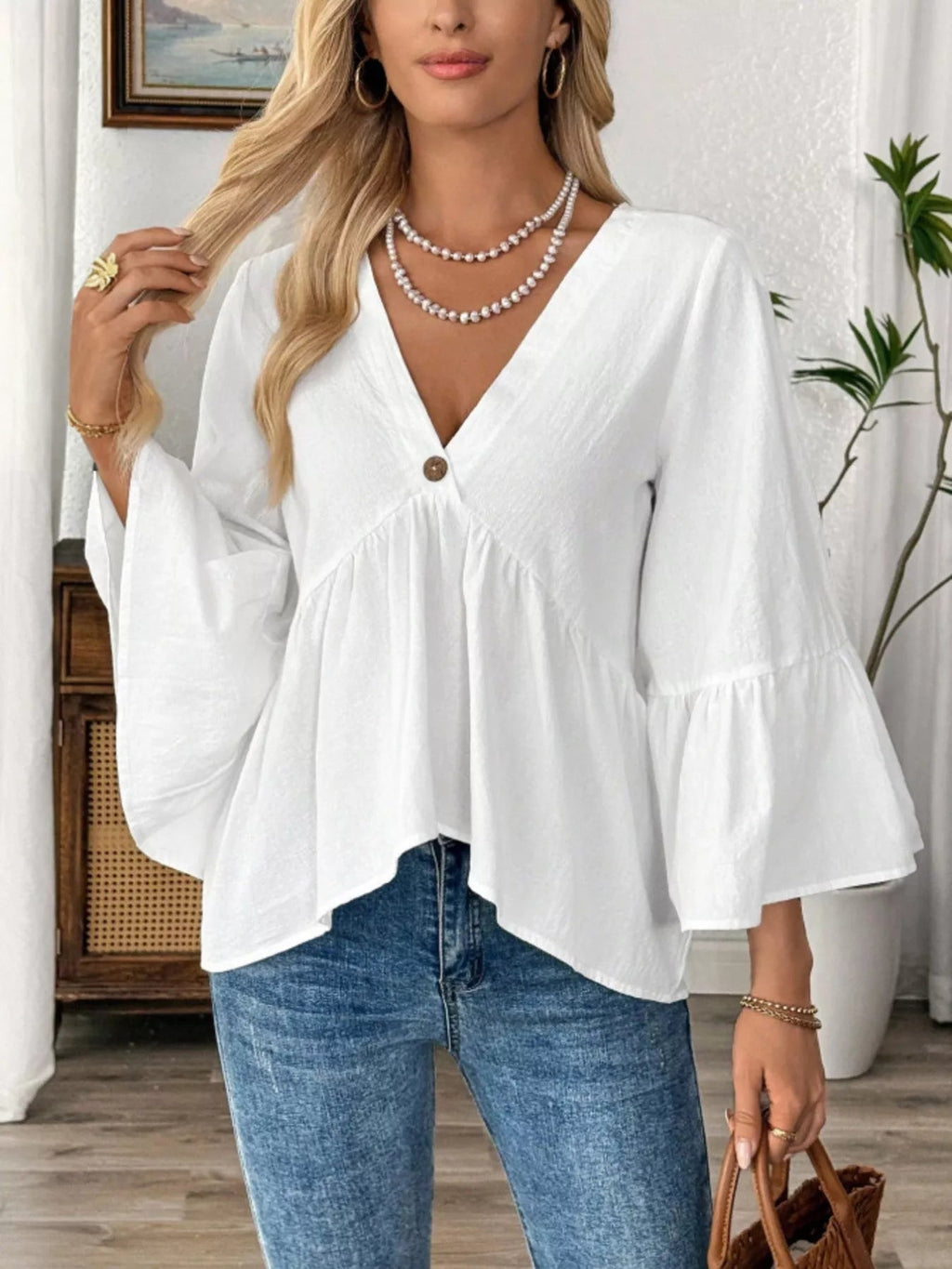 Women's 100% Cotton V - Neck Bell Sleeve Blouse - Effortless Chic Style - Plush Fashion Hub