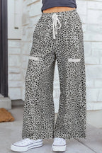 Women's Animal Print Wide Leg Terry Knit Pants with Drawstring Waist - Plush Fashion Hub