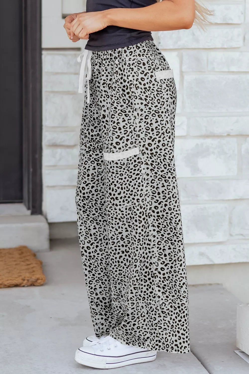 Women's Animal Print Wide Leg Terry Knit Pants with Drawstring Waist - Plush Fashion Hub