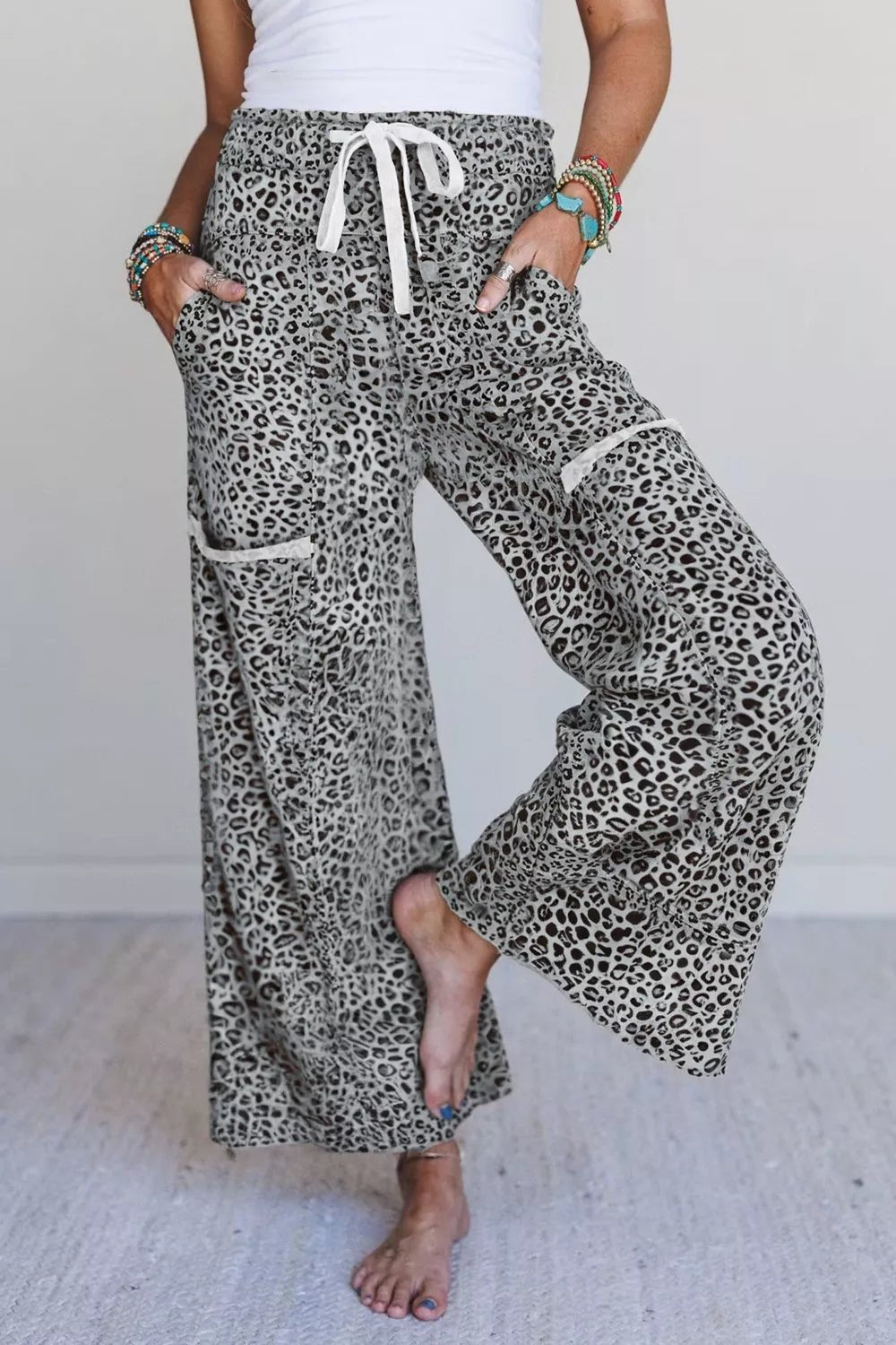 Women's Animal Print Wide Leg Terry Knit Pants with Drawstring Waist - Plush Fashion Hub