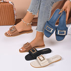 Women's Buckle Decor Open Toe Flat Sandals - Comfortable PU Leather Slip - Ons - Plush Fashion Hub