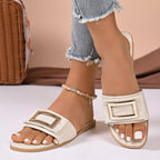 Women's Buckle Decor Open Toe Flat Sandals - Comfortable PU Leather Slip - Ons - Plush Fashion Hub