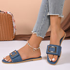 Women's Buckle Decor Open Toe Flat Sandals - Comfortable PU Leather Slip - Ons - Plush Fashion Hub