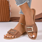 Women's Buckle Decor Open Toe Flat Sandals - Comfortable PU Leather Slip - Ons - Plush Fashion Hub