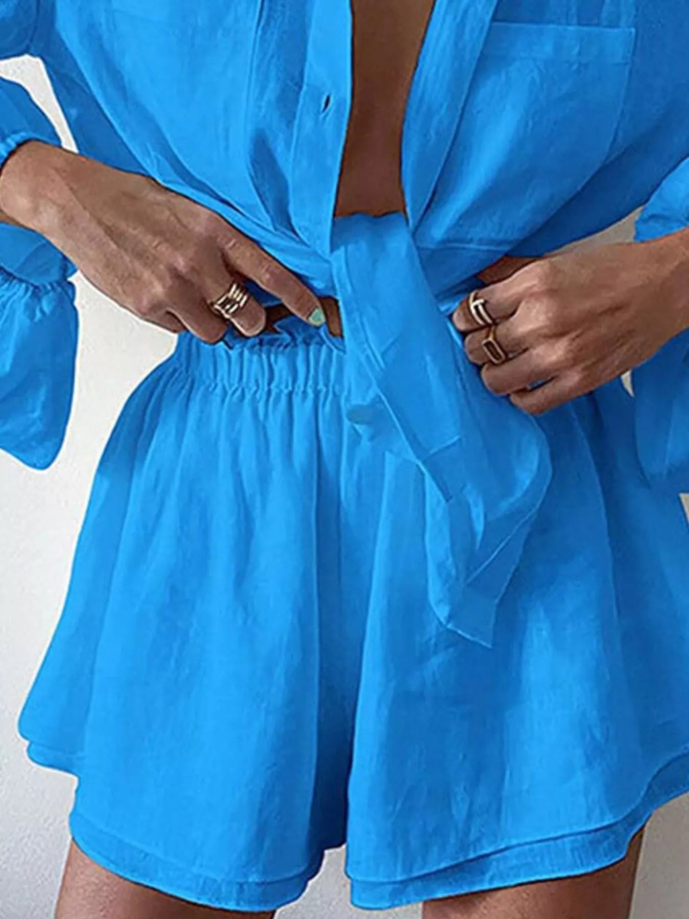 Women's Button - Up Long Sleeve Shirt and Shorts Two - Piece Lounge Set - Plush Fashion Hub