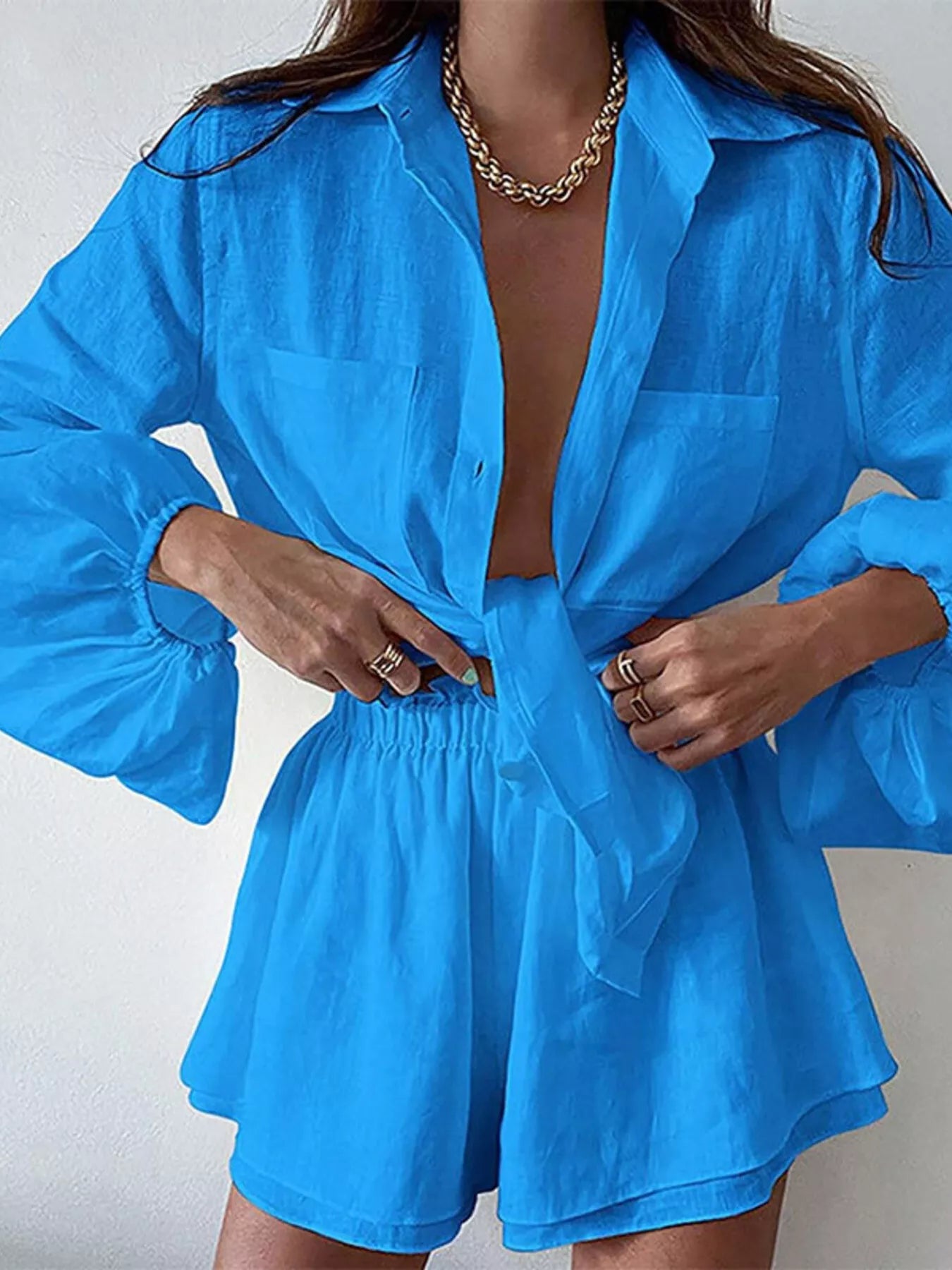 Women's Button - Up Long Sleeve Shirt and Shorts Two - Piece Lounge Set - Plush Fashion Hub
