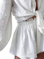 Women's Button - Up Long Sleeve Shirt and Shorts Two - Piece Lounge Set - Plush Fashion Hub