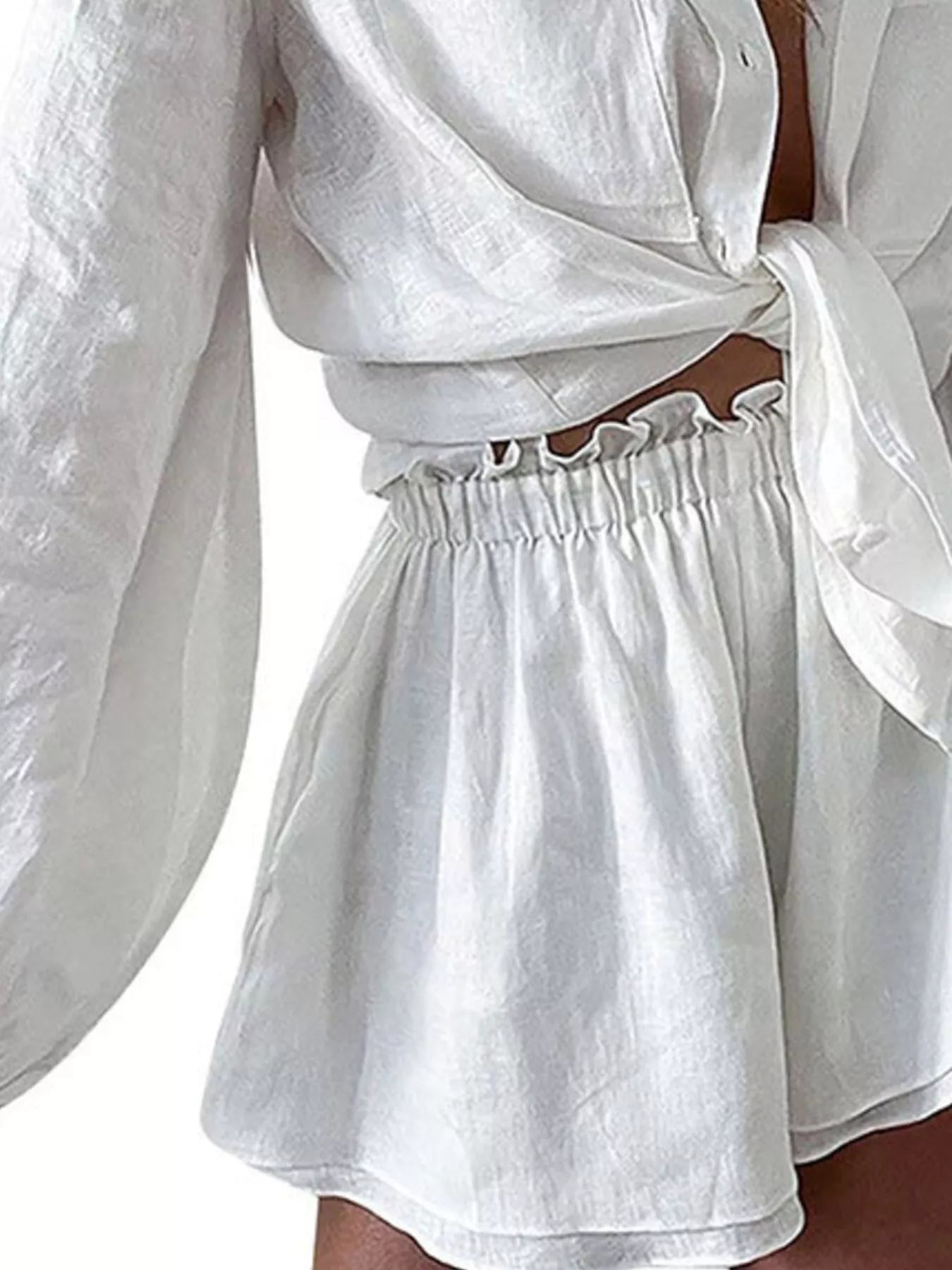 Women's Button - Up Long Sleeve Shirt and Shorts Two - Piece Lounge Set - Plush Fashion Hub