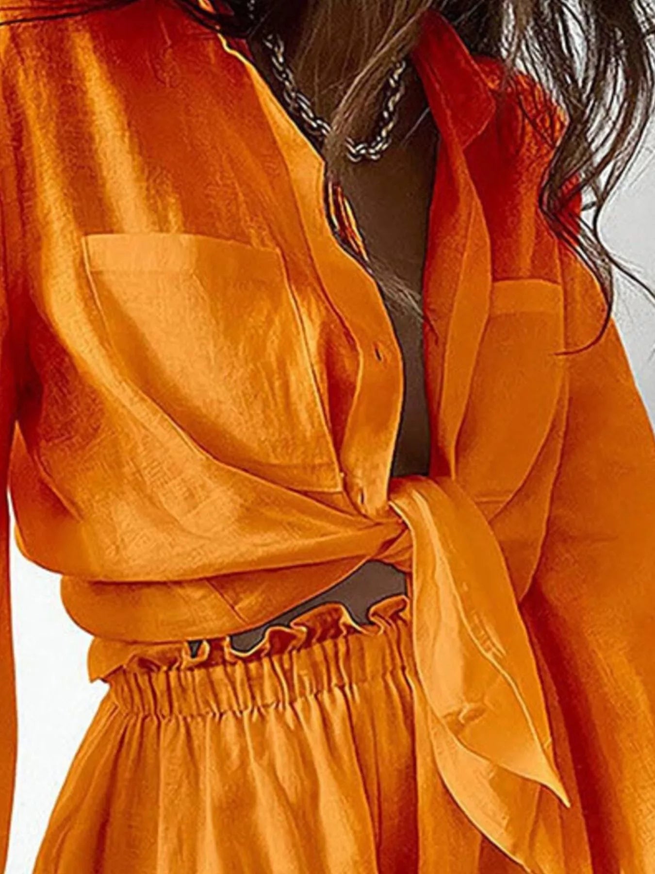 Women's Button - Up Long Sleeve Shirt and Shorts Two - Piece Lounge Set - Plush Fashion Hub