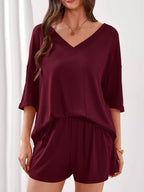 Women's Casual V - Neck Top and Shorts Set - Solid Color Two - Piece Outfit - Plush Fashion Hub