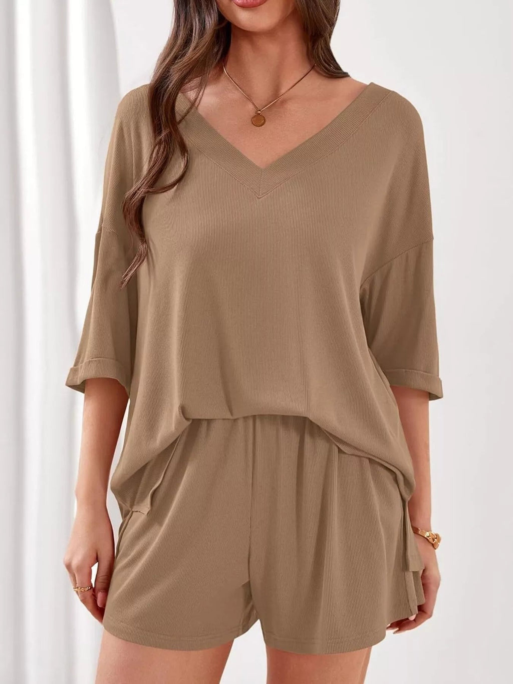 Women's Casual V - Neck Top and Shorts Set - Solid Color Two - Piece Outfit - Plush Fashion Hub