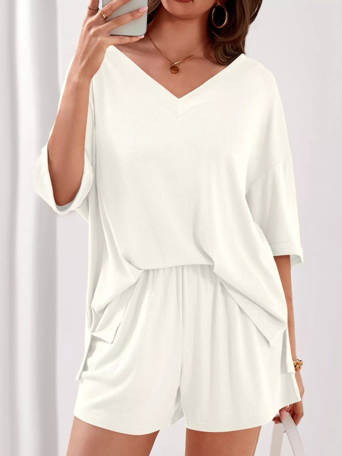Women's Casual V - Neck Top and Shorts Set - Solid Color Two - Piece Outfit - Plush Fashion Hub