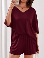 Women's Casual V - Neck Top and Shorts Set - Solid Color Two - Piece Outfit - Plush Fashion Hub