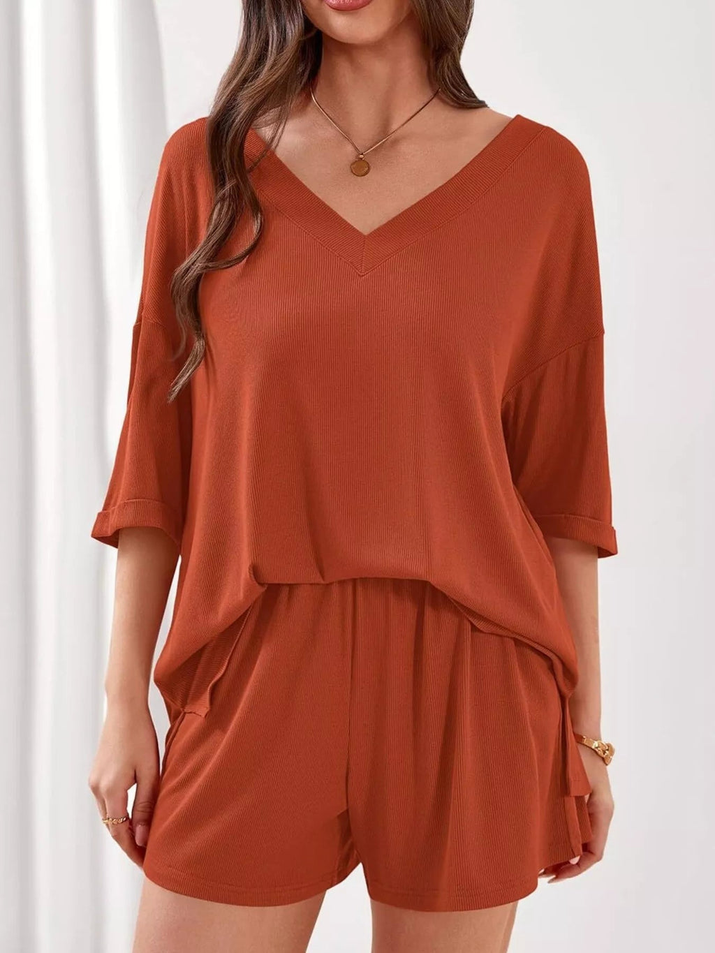 Women's Casual V - Neck Top and Shorts Set - Solid Color Two - Piece Outfit - Plush Fashion Hub