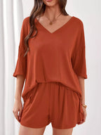 Women's Casual V - Neck Top and Shorts Set - Solid Color Two - Piece Outfit - Plush Fashion Hub