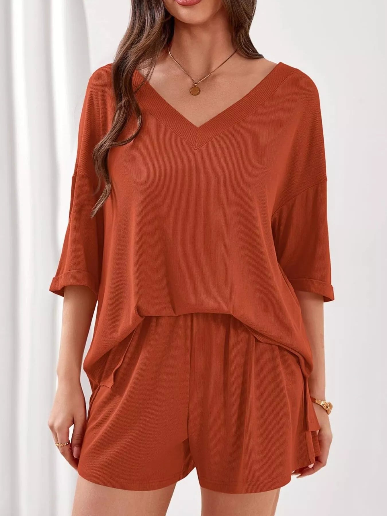 Women's Casual V - Neck Top and Shorts Set - Solid Color Two - Piece Outfit - Plush Fashion Hub