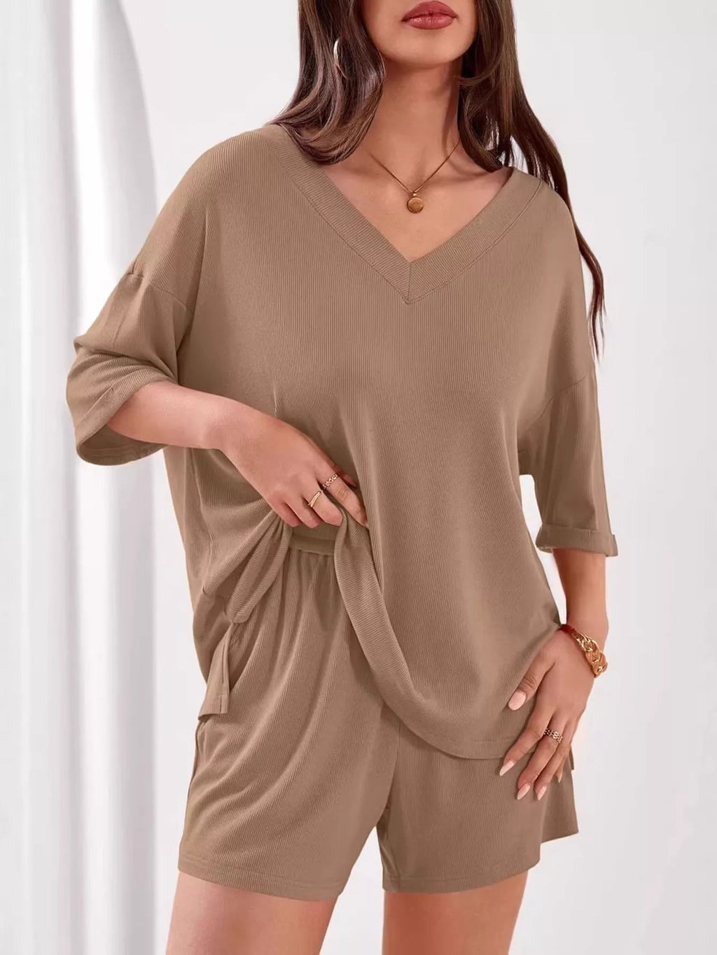 Women's Casual V - Neck Top and Shorts Set - Solid Color Two - Piece Outfit - Plush Fashion Hub