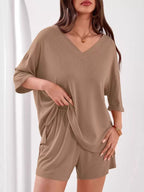 Women's Casual V - Neck Top and Shorts Set - Solid Color Two - Piece Outfit - Plush Fashion Hub
