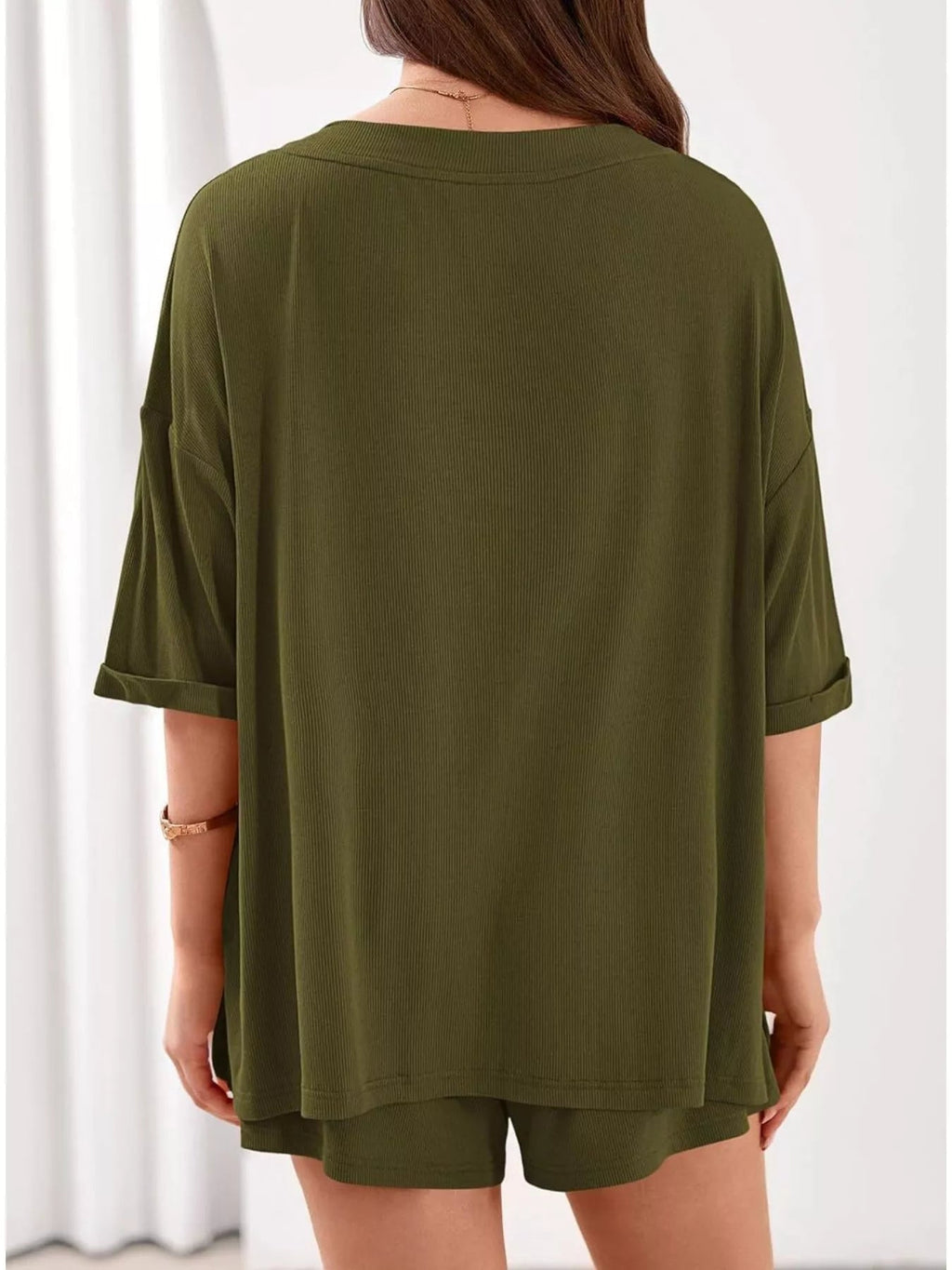 Women's Casual V - Neck Top and Shorts Set - Solid Color Two - Piece Outfit - Plush Fashion Hub