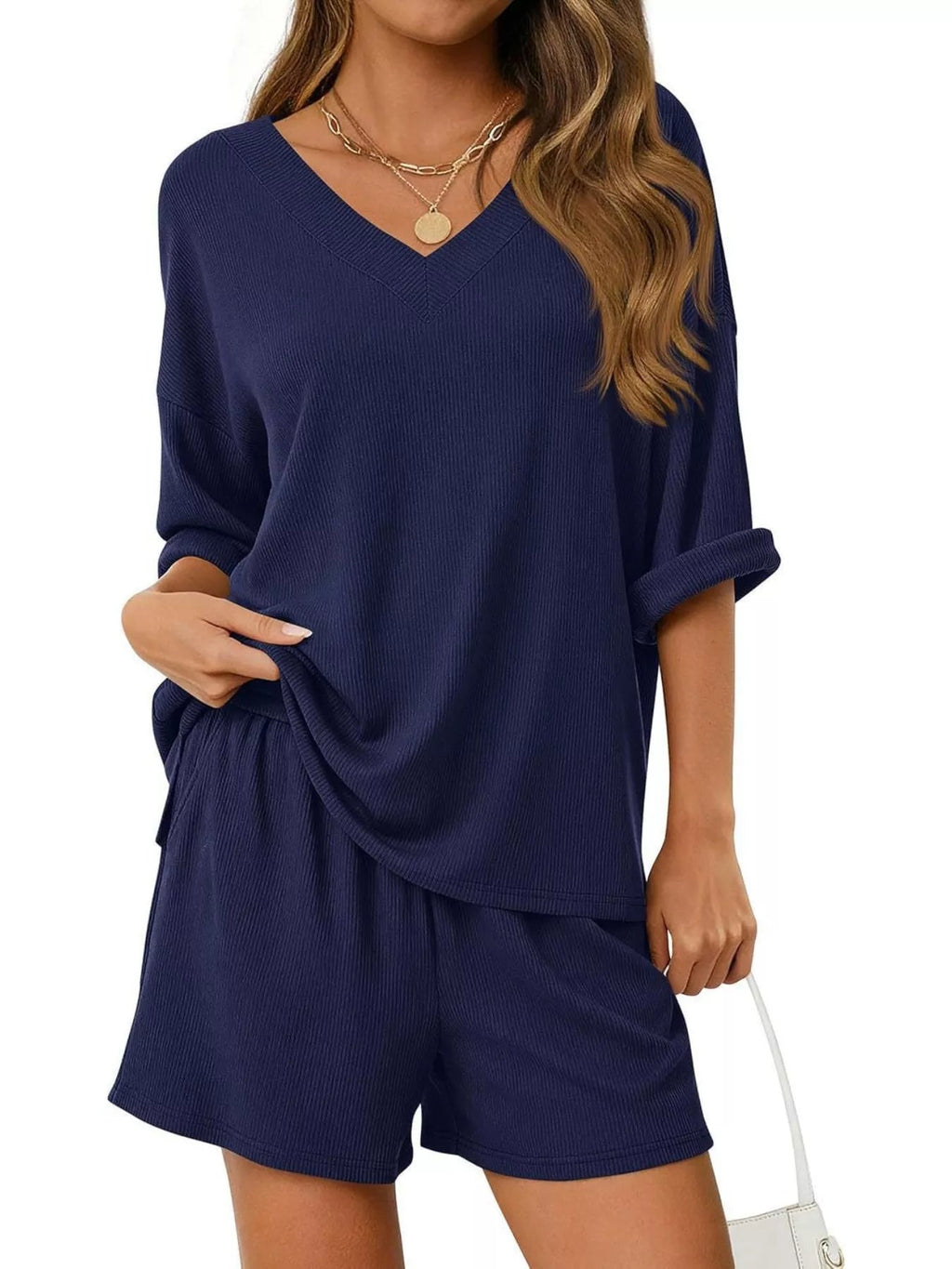 Women's Casual V - Neck Top and Shorts Set - Solid Color Two - Piece Outfit - Plush Fashion Hub