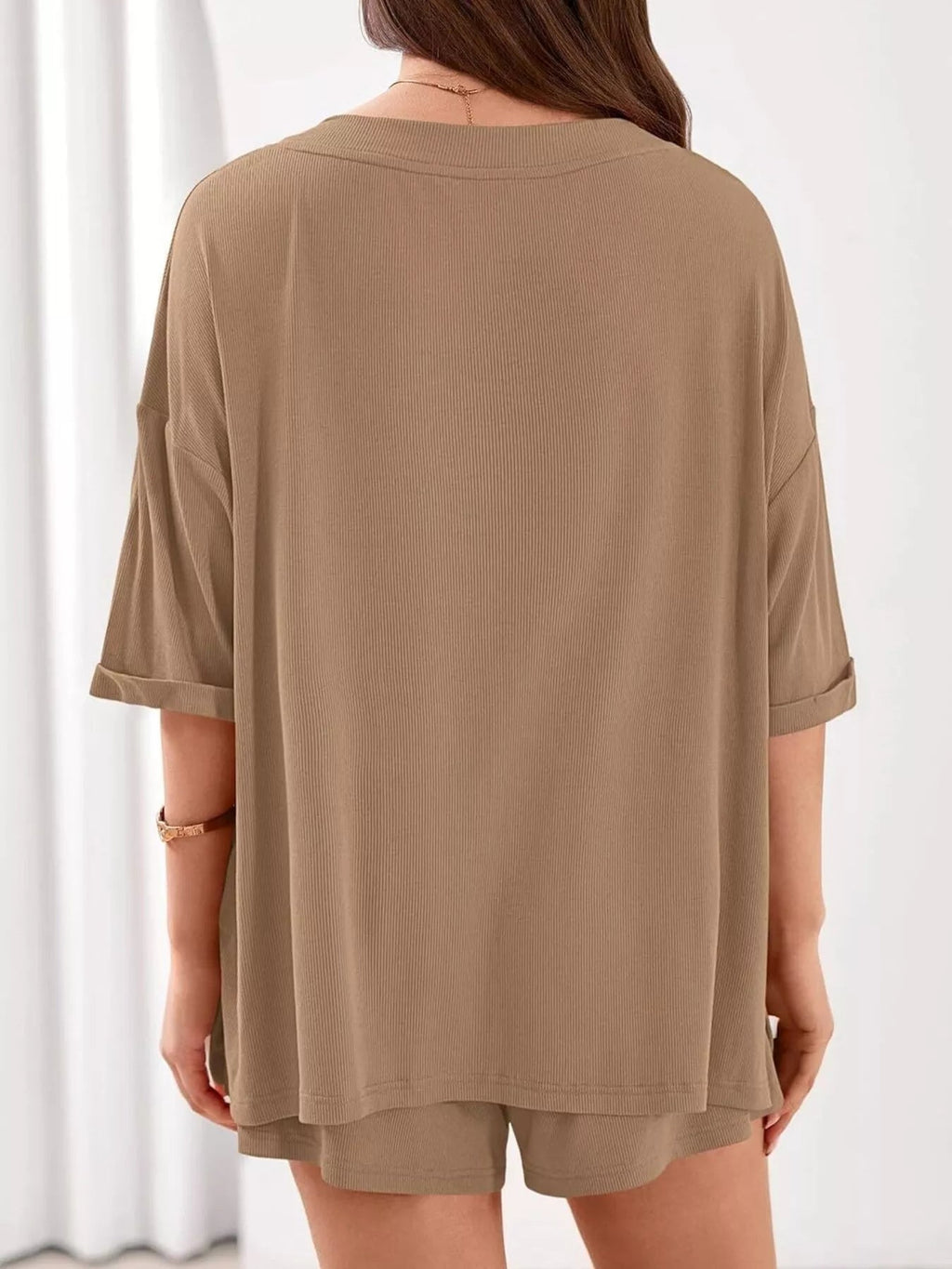 Women's Casual V - Neck Top and Shorts Set - Solid Color Two - Piece Outfit - Plush Fashion Hub