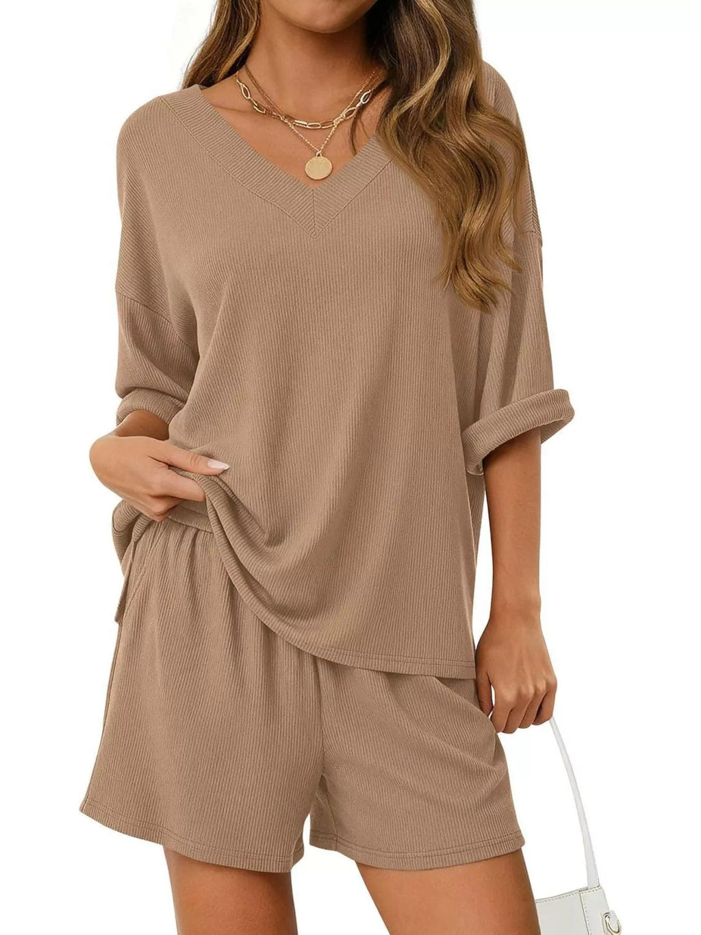 Women's Casual V - Neck Top and Shorts Set - Solid Color Two - Piece Outfit - Plush Fashion Hub