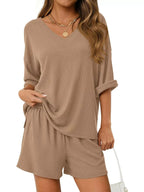 Women's Casual V - Neck Top and Shorts Set - Solid Color Two - Piece Outfit - Plush Fashion Hub