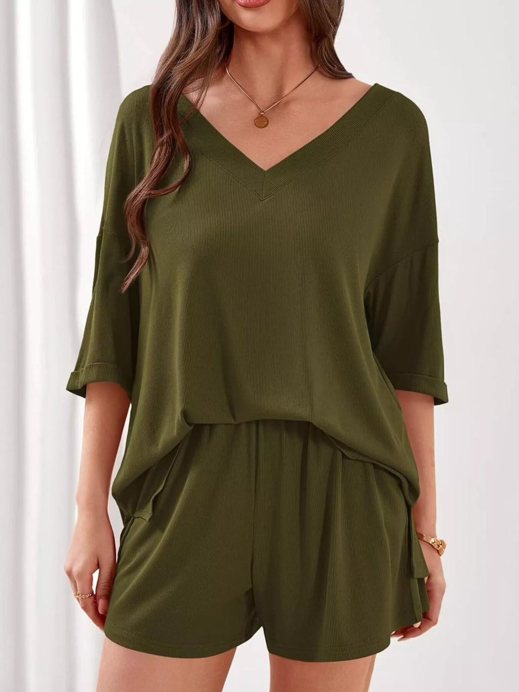 Women's Casual V - Neck Top and Shorts Set - Solid Color Two - Piece Outfit - Plush Fashion Hub