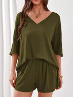 Women's Casual V - Neck Top and Shorts Set - Solid Color Two - Piece Outfit - Plush Fashion Hub
