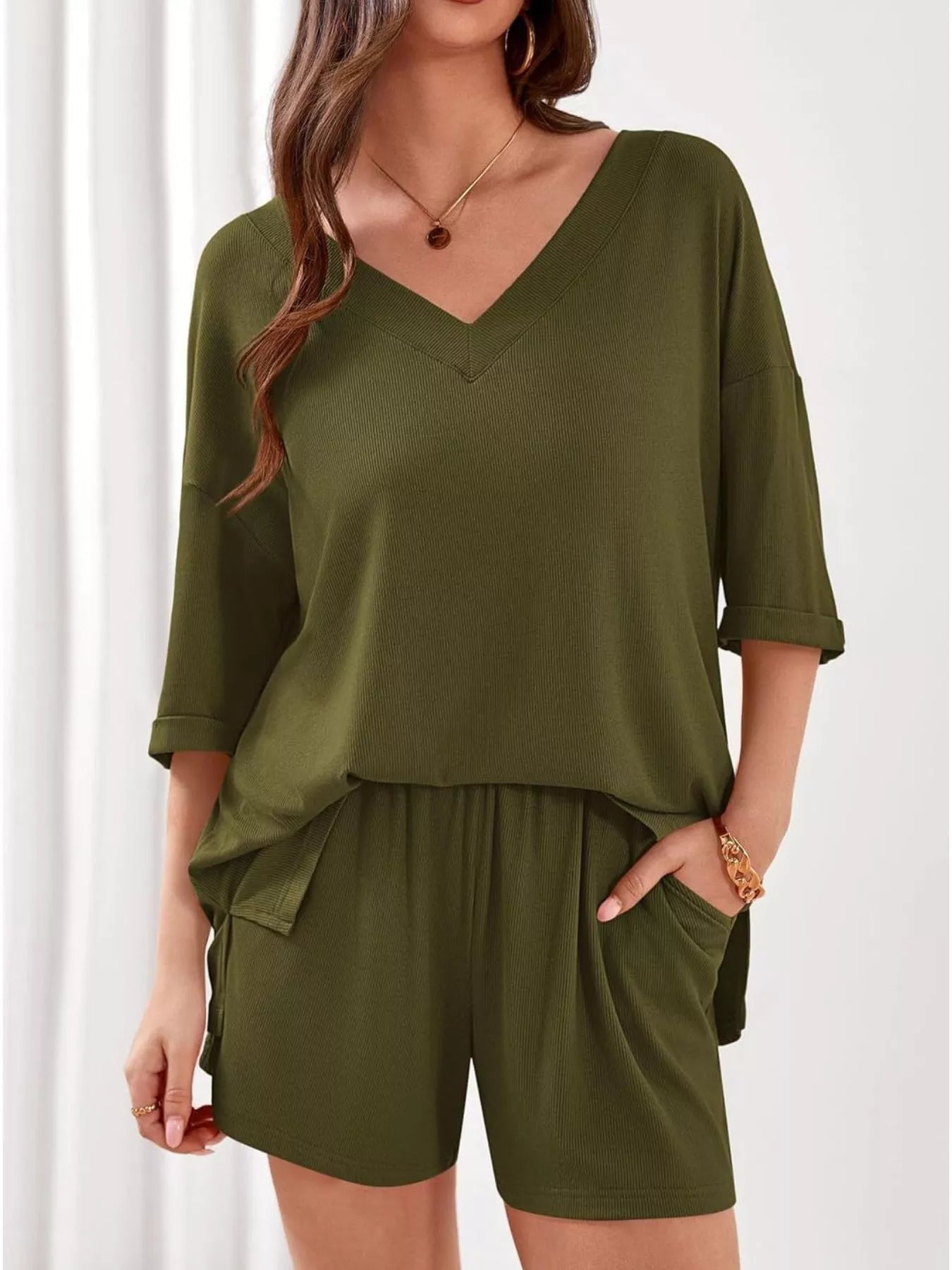 Women's Casual V - Neck Top and Shorts Set - Solid Color Two - Piece Outfit - Plush Fashion Hub