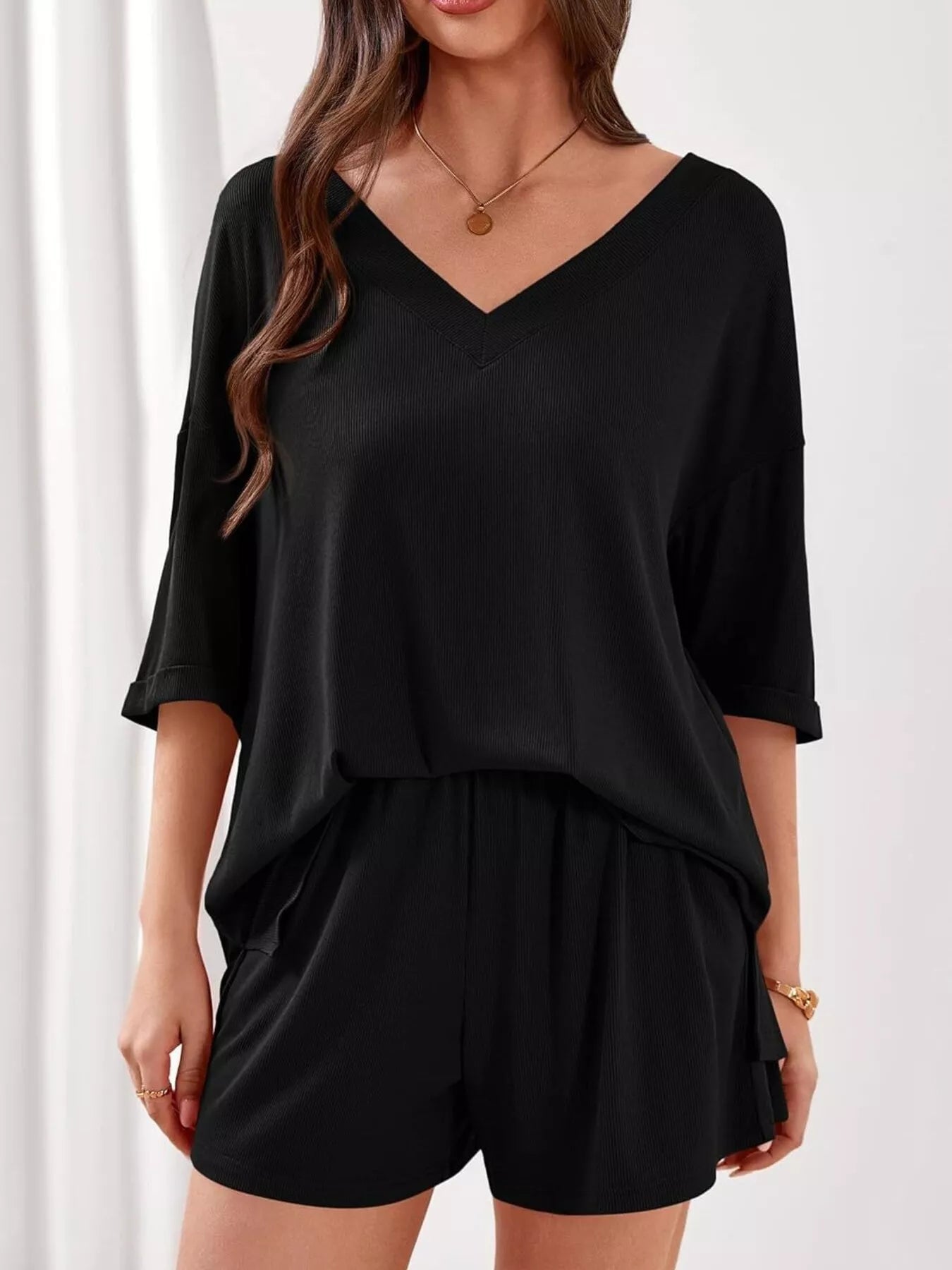Women's Casual V - Neck Top and Shorts Set - Solid Color Two - Piece Outfit - Plush Fashion Hub