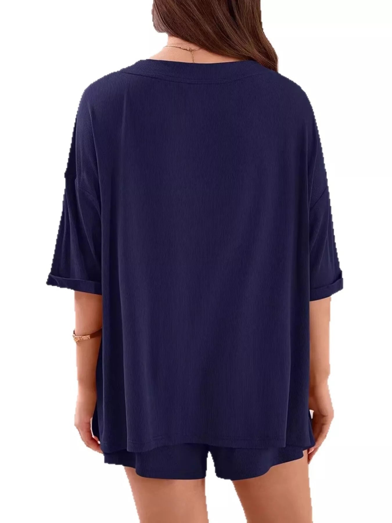 Women's Casual V - Neck Top and Shorts Set - Solid Color Two - Piece Outfit - Plush Fashion Hub