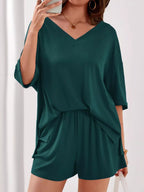 Women's Casual V - Neck Top and Shorts Set - Solid Color Two - Piece Outfit - Plush Fashion Hub