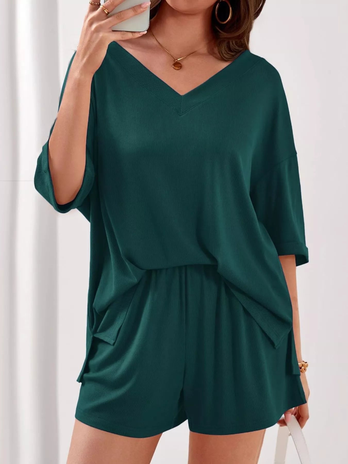 Women's Casual V - Neck Top and Shorts Set - Solid Color Two - Piece Outfit - Plush Fashion Hub