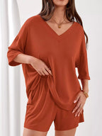 Women's Casual V - Neck Top and Shorts Set - Solid Color Two - Piece Outfit - Plush Fashion Hub