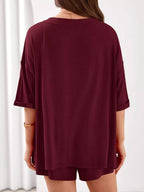 Women's Casual V - Neck Top and Shorts Set - Solid Color Two - Piece Outfit - Plush Fashion Hub