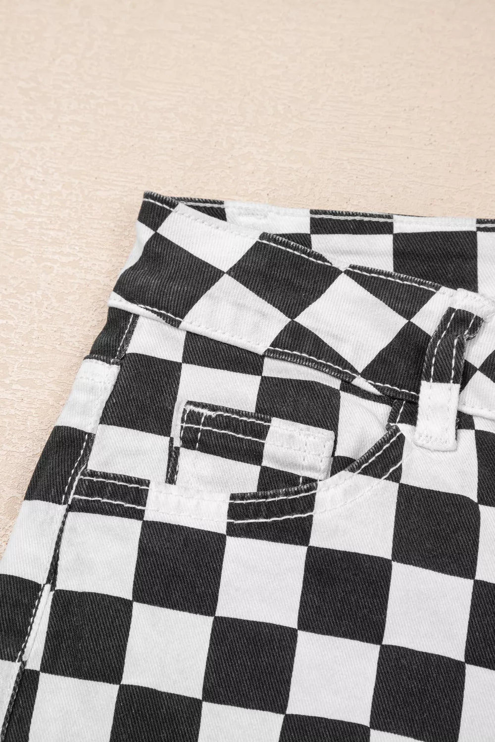Women's Checkerboard Print Distressed Raw Edge Cropped Jeans - Plush Fashion Hub