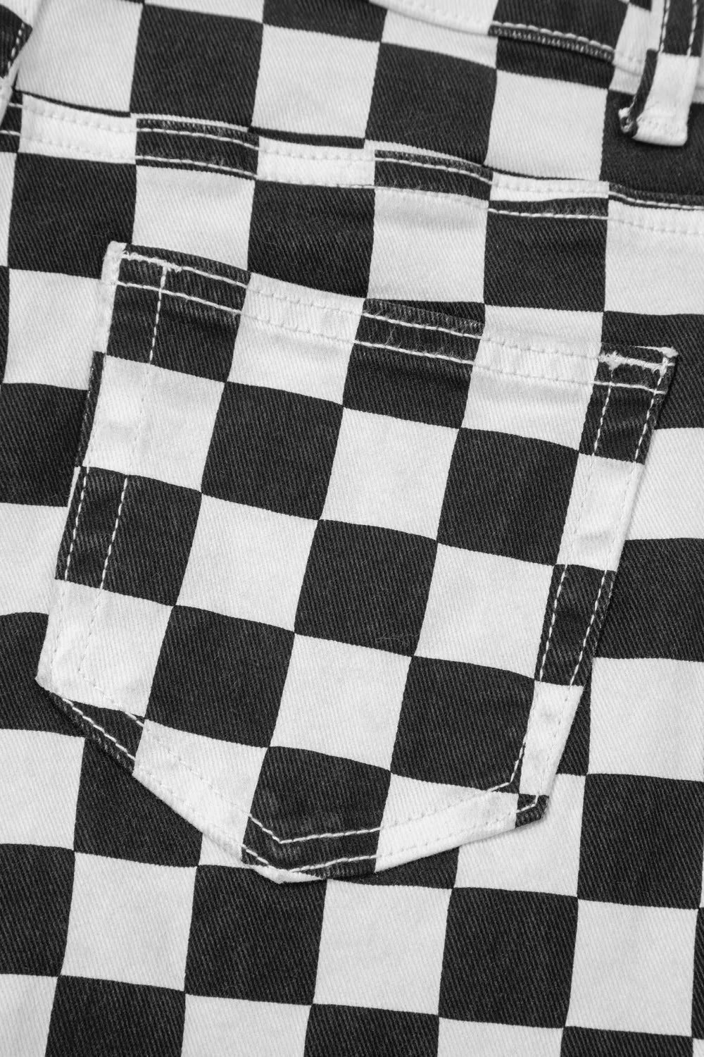 Women's Checkerboard Print Distressed Raw Edge Cropped Jeans - Plush Fashion Hub