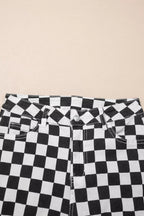 Women's Checkerboard Print Distressed Raw Edge Cropped Jeans - Plush Fashion Hub