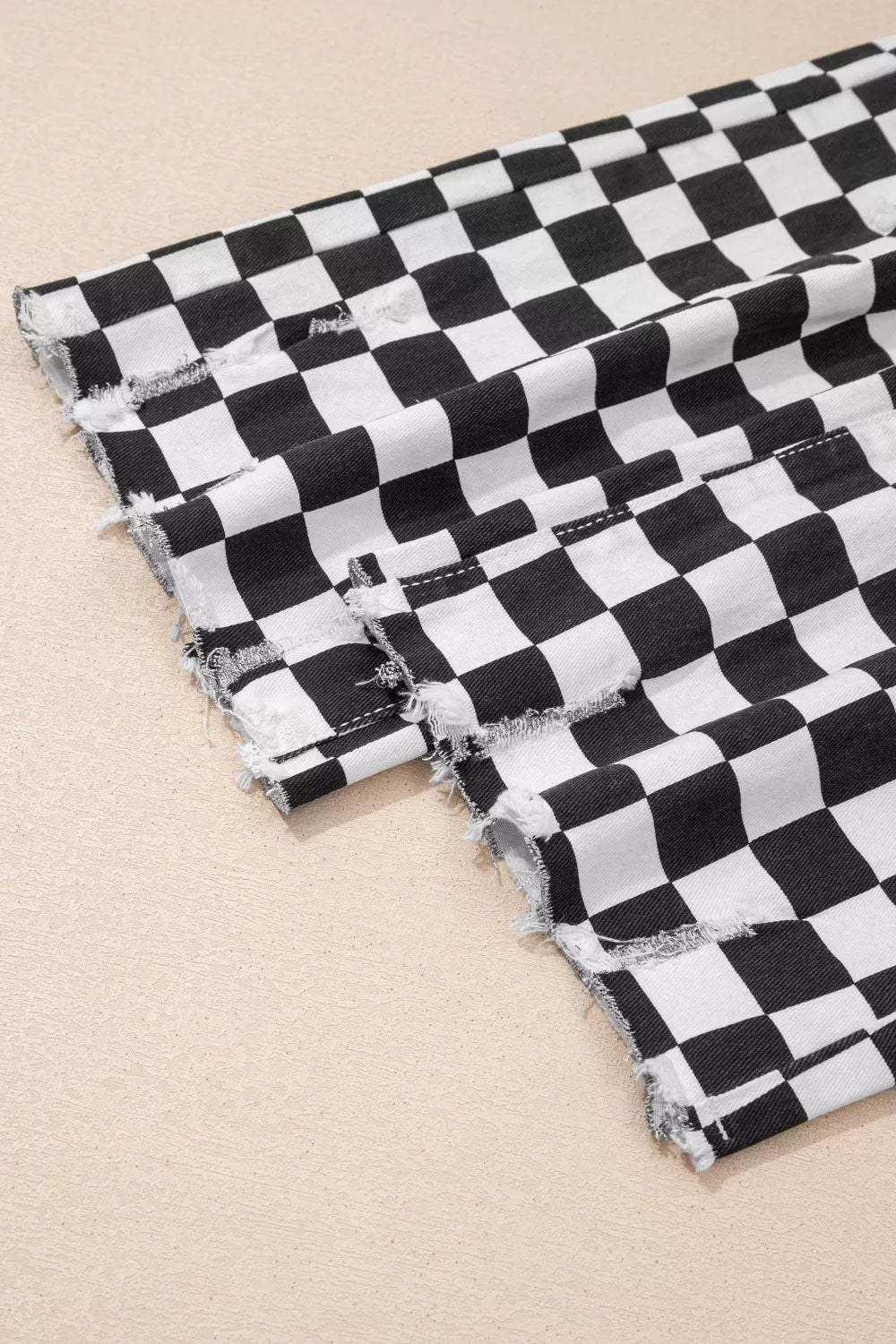 Women's Checkerboard Print Distressed Raw Edge Cropped Jeans - Plush Fashion Hub