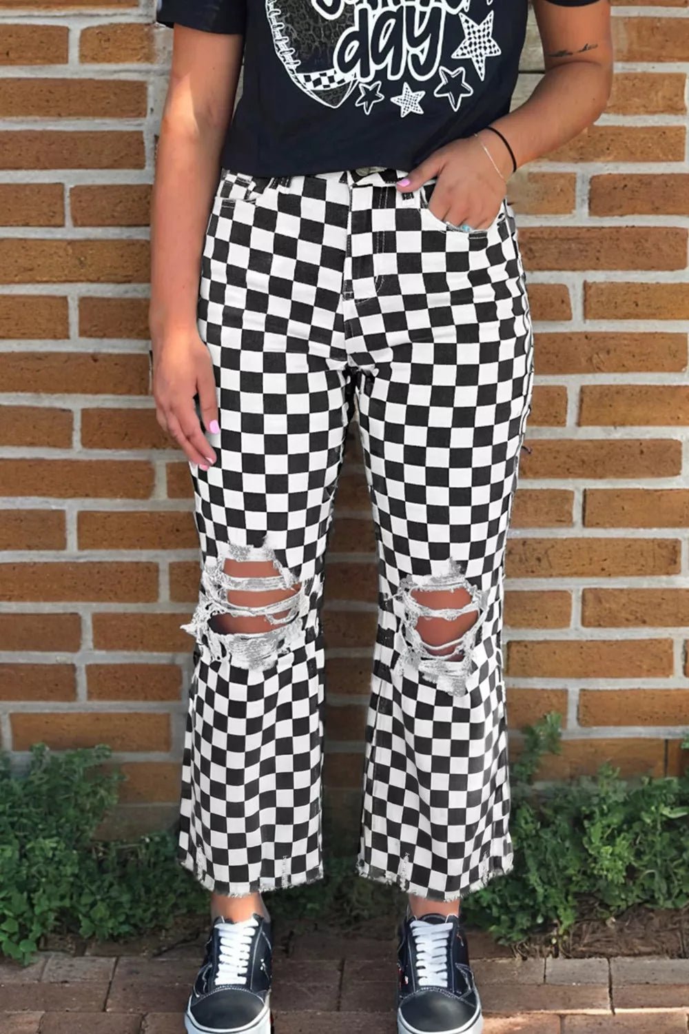 Women's Checkerboard Print Distressed Raw Edge Cropped Jeans - Plush Fashion Hub